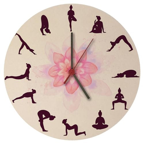 speecheese Yoga Wanduhr mit verschiedenen Yogastellungen Witzige Uhr für Yogasport Yogastudio mit Blumenmotiv für mehr Sport und Beweglichkeit im Alltag