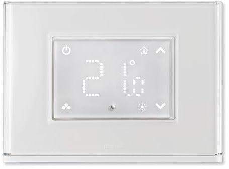 Beghelli - Termostato con Display Touch e Placca Luminosa Retroilluminata con 15 Colori, Sensore Luce, Modalità Condizionamento e Riscaldamento, Modalità Luce di Emergenza, Batteria Inclusa