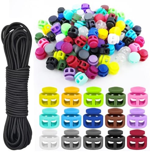 Sheryl&Rain 100 Stück Kordelstopper, Kordelklemme Mehrfarbig mit 3mm*4m Kordeln, Federschnur Schlösser Kunststoff, Schnürsenkel Kordel Stopper Einzelne Doppeltes Loch, Kordel Verschluss Ende