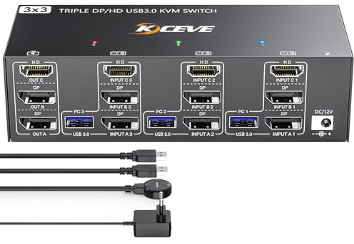 YOUTINGHDAV KVM Switch 3 PC 3 Monitore 8K@60Hz, 4K@144Hz, USB 3.0 KVM Switch Triple Monitor 2 Displayport 1.4 + HDMI 2.1 für 3 PC Teilen Maus, Tastatur mit Wired Remote