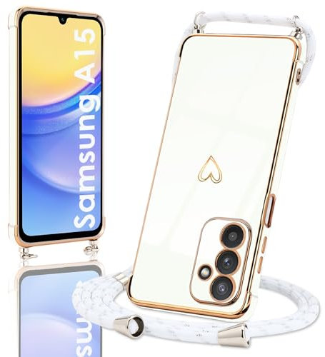 Micoden Handykette für Samsung Galaxy A15 4G/5G Hülle, Necklace Handyhülle mit Band Kameraschutz Herz Love Design Galvanik Silikon TPU Case Kordel zum Umhängen Schutzhülle für Samsung A15,Weiß