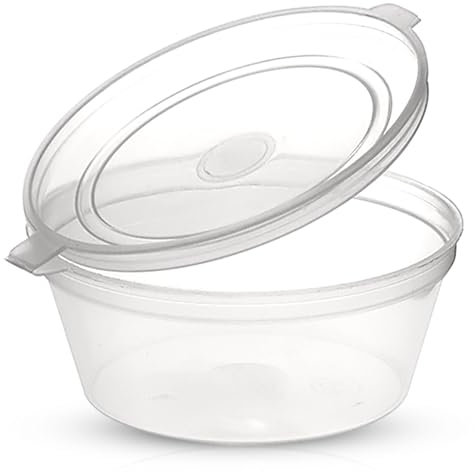 CHEF ROYALE 200 pcs, 2oz Clear Round Hinged Sauce Pots with Lids - Recyclable Containers for Chutney, Ketchup, and Dips - Perfect for Takeaways, Restaurants and More (200, 2oz)