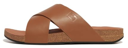 Fitflop iQUSHION Men's Leather Cross Slides Sandal, Light Tan, 12 UK
