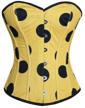 CorsetsNmore Women’s Yellow With Black Polka Dots Overbust Burlesque Waist Training Corset Top