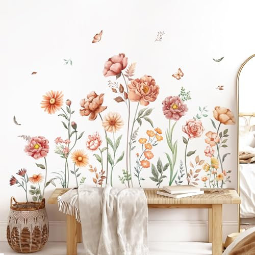 Tanlaby Fiori Vintage Adesivi Murali Boho Sticker da Muro Giardino Floreale Removibili per Camera da Letto Soggiorno Divano TV Decorazione Parete