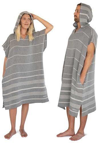 LeStoff Badeponcho - 50% Bio-Baumwolle 50% Hanf - Leicht, Saugstark, Schnelltrocknend, Bio, Strandponcho Kapuze, Handtuchponcho, Surf Poncho, Handtuchkleid, Duschponcho, Umziehponcho (Concrete, L)