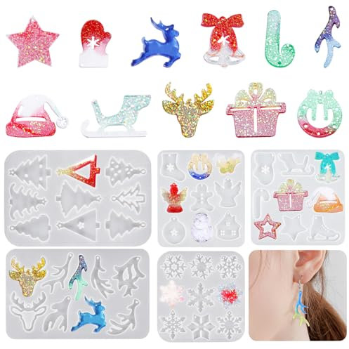 Voyyphixa 5 Pack Christmas Earring Moulds for Epoxy Resin 45 Pieces Xmas Resin Moulds Christmas Tree Snowflake Silicone Ornament Mould for Epoxy Casting for Pendant Bookmark Necklace Jewelry Making