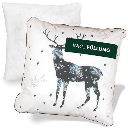 NOAH VERDE Zierkissen Wald Hirsch, Kissen 45x45, Dekokissen mit Füllung und Bezug, Jagd-Kissen Stubenkissen Jäger, Landhausstil Deko, Geschenk Freundin, Kissenbezug 50x50, Deko Kissen, Kissenhülle