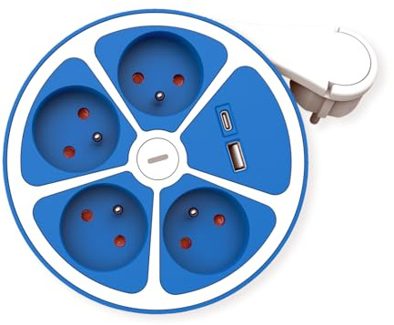 ROLINE Multiprise 4X avec Interrupteur, Rond, Version UTE, + Fast Charger, 1x USB A+C, Bleu, 3 m