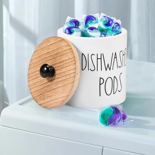 KTCINA Detergente Pod Almacenamiento con Tapa 12 x 12 x 13 cm Caja de Almacenamiento de Polvo de Lavadora Madera Baño Organizador Detergente Depósito de Detergente para Vainas de Lavandería Bombas de