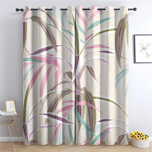 YZQGLHP Gardinen Beige Vorhänge H145 x B135 cm Blatt Verdunklungsvorhänge 2er Set Schiebe Schallschutz Polyester Vorhang mit Ösen für Schlafzimmer Wohnzimmer