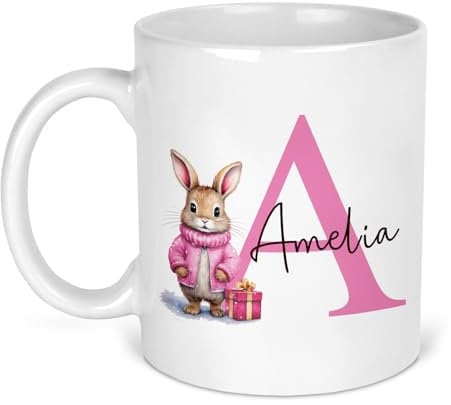 Personalised Christmas Mug with Initial & Name - Custom Festive Coffee & Hot Chocolate Mug - Perfect Xmas Gift for Christmas Eve Box, Secret Santa Present, Family, Friends, Kids, Mum, Dad (Pink Bunny)