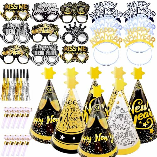 Silvester Deko 2025 Neujahr Party Dekoration Set, Neujahr Partyhüte Silvester Haarreif Silvester Papierbrille Silvester Partytröten für Kinder Neujahrdeko 2025 Silvester Party Zubehöre