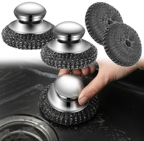 Lot de 2 éponges à récurer en acier inoxydable avec 2 têtes de brosse, brosse à récurer en laine d'acier avec poignée, brosse à vaisselle amovible et robuste, pour nettoyer les casseroles de cuisine,