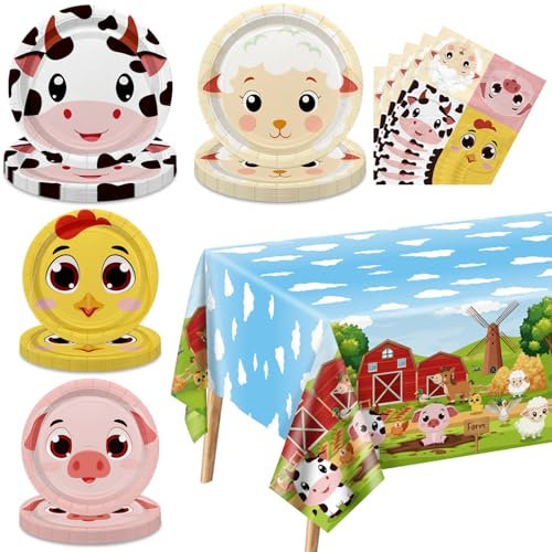 APUXXJUPA Farm Birthday Party Plates Set for 20 Guests, Including Animals Tablecloth, Napkins and Farm Plates for Baby Shower Farm Birthday Decorations