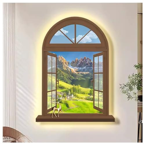 Pittura decorativa a LED, decorazione della casa, Sculture da parete Arte da appendere alla parete con luce a LED, cornice di finestra finta Vista della luce del sole sul paesaggio collinare, decorazi