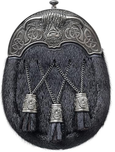 Eleganter schottischer Kilt-Sporran für Herren – Heilan Coo schwarzes Fell mit antikem Zinn Kuhkantel und Lederkettengürtel – handgefertigtes traditionelles Highland-Kilt-Accessoire