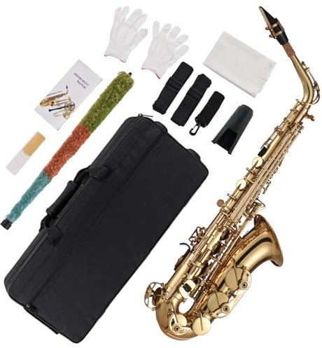 Sassofono EB Alto, Tipo di Tasto Flat Sax 875 Gold Laccato in Ottone con Accessori Sax per Tutti i Tipi di Musica