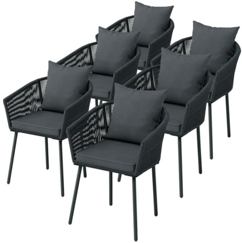 STEELSØN Nair Gartenstühle 6er Set – Terrassenstühle aus Rattan dunkelgrau – Outdoor Schalenstuhl für Terrasse/Garten/Balkon – Loungesessel wetterfest Metallgestell – Balkonstuhl mit Kissen bis 160 kg