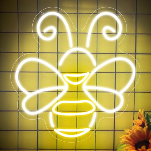 Bee Neon Signs, Yellow Dimmable Honeybee Neon Lights for Wall Decor, LED Light Up Sign USB Powered for Bedroom Home Pub Bar Club Shop Patio Garden Hotels Stores Decor