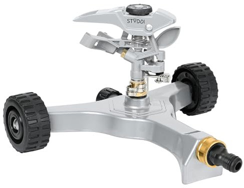 STYDDI Metal Pulsating Sprinkler on In-Series Metal Wheeled Base, Adjustable Circular Water Sprinkler for Medium to Large Circular Lawn, Yard, Garden and Large Areas, Coverage up to 6,360 Sq. ft
