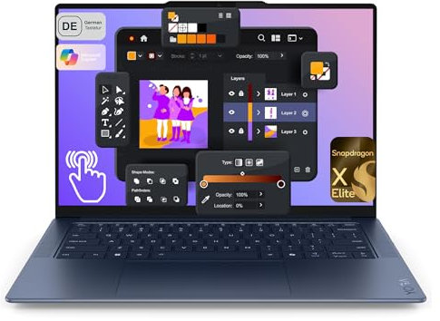 LENOVO Yoga Slim 7X Gen 9 Laptop Snapdragon X Elite X1E78100, 32 GB LPDDR5x RAM, 1 TB PCIe SSD, display touch screen da 14,5, Snapdragon Qualcomm Adreno GPU, tastiera QWERTZ, Win11 Home, Cosmic Blue