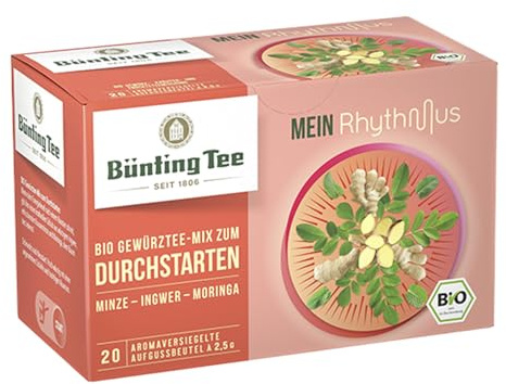 Bünting Tee Bio Mein Rhythmus, 3er Pack (3 x 20 Teebeutel) Gewürztee-Mix zum Durchstarten | Minze - Ingwer - Moringa | Glutenfrei | Laktosefrei | ohne Zuckerzusatz