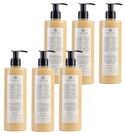 Prija Entspannende Massagelotion mit Aloe Vera und Zypressenöl, erfrischende und feuchtigkeitsspendende Körpercreme für ein entspanntes Wohlgefühl, 6 x 380 ml