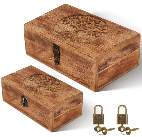 Vicenpal 2 Wooden Tree Keepsake Boxes with Lock, (8x5x3.2 inch & 7x3.7x2.8 inch), Handmade Decorative Treasure Chest Box, Gift Ideas for Men & Women Jewelry Rings Storage