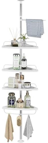 MAGIC SELECT Estantería Telescópica de Baño Esquina Ducha | Plástico y Metal, Sin Taladro, Altura Ajustable 100 a 260 cm, 4 Baldas, Toallero y 3 Ganchos