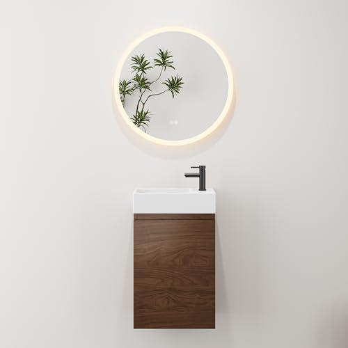 HOROW Badmöbel Set mit Waschbecken inkl. LED Spiegel Rund 60 cm, Gäste WC Kleines Waschbecken Waschtisch mit Unterschrank 40cm, Ohne Wasserhahn und Abfluss