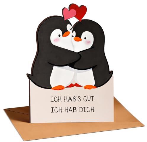 Giftota Große Liebeskart Holz mit Umschlag, Karte Liebe mit Pinguin-Motiv Jahrestag Karte für Sie Ihn, Geburtstagskarte Freundin, Romantische Karte zum Geburtstag Jahrestag Hochzeitstag