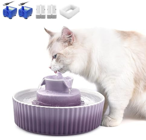 Fontanella per Gatti in Ceramica, 2.1L Fontanella per Gatti e Cani, in Porcellana con Filtro di Ricambio e Pompa Intelligente in Schiuma (Viola)-2 pompe+2 filtre