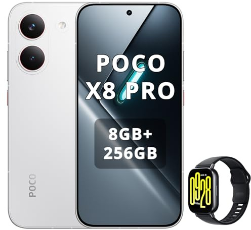 XIAOMI POCO X8 Pro 8+256GB Smartphone, Dimensity 8500-Ultra, 6500mAh Battery, Sony IMX882 50MP Sensor with OIS, 50MP CAM, White, Charger Not Included, with Smartwatch