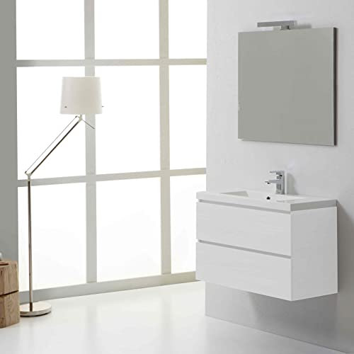 Kiamami Valentina - Mobile bagno sospeso 80cm 2 cassetti bianco foresta e specchio 80x70 | Manhattan