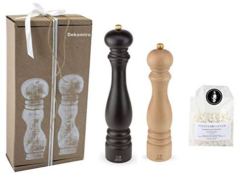 Dekomiro Peugeot Set Paris Pfeffermühle und Salzmühle Schoko Natur 40 + 30 cm Geschenkset mit 100 gr. Salz