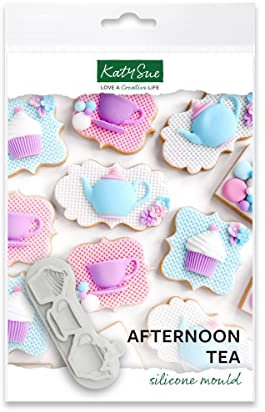 Katy Sue Afternoon Tea Silicone Mould for Cake Decorating & Craft. Cupcake 31 x 27, Teacup 22 x 32, Teapot 36 x 46 Millimetres. Use with Fondant, Sugar Paste & Clay from Katy Sue Moulds. UK-Made