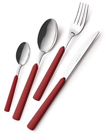 EME POSATERIA MADE IN ITALY - Servizio 24 Posate Tavola Fast 6 Persone Acciaio 18/C Moderne Colorate Giovanili, Colore Manico: Rosso 11