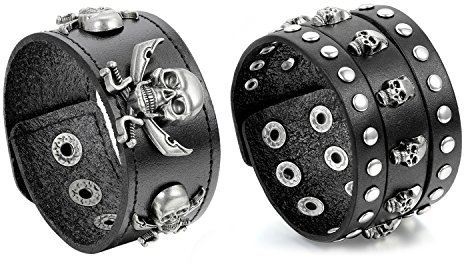 OIDEA Herren Leder Armband Set (3PCS), Punk Rock Stil 3.5cm-4.1cm Breite Groß geflochtene handgefertigt Manschette Kordelkette Druckknopf Armreifen, Legierung, braun Silber (Totenkopf 2pcs)