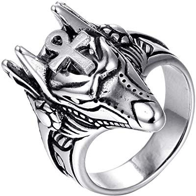 PAURO Herren Anubis Amulett Wolf Kopf Ring Aus Edelstahl Alten Ägyptischen Gott Mit Silber Ankh Kreuz Größe 68
