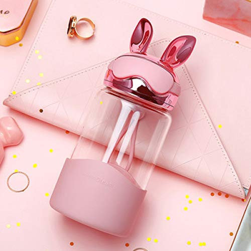 yylikehome Creative Cartoon Rabbit Water Bottle Cute Rabbit Ear Glass Bottle with Silicone Sleeve Portable Drinking Bottles For Women Gifts 301-400ml Rose gold