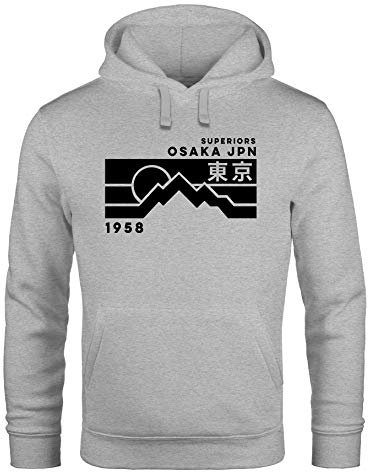 Neverless® Hoodie Herren Aufdruck Osaka JPN japanische Schriftzeichen Fashion Print Kapuzen-Pullover Männer grau 4XL