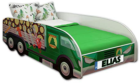 ACMA Kinderbett Autobett Lattenrost LKW Truck Schlafzimmer Kindermöbel Spielbett 140 x 70 cm 160 x 80 cm (140x70 cm mit Matratze, 06 + Name)