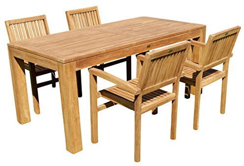 ASS Teak Set Gartengarnitur Gartenset Sitzgruppe Gartentisch Bigfuss 180x90 cm mit 4 Stapelsessel Miami aus Teakholz Gartenmöbelset Esstischgruppe Sessel stapelbar
