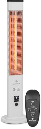 blumfeldt Heat Guru Plus - In & Out Radiant Heater, Stand Heater, Power: 1200 Watts, 9-Hour Timer, Carbon Heating Element, 3 Heating Levels, Housing with Anodised Aluminium Alloy - White