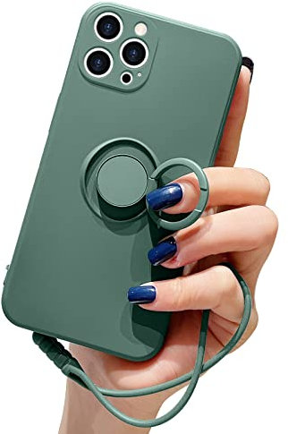 Pepmune for iPhone 12 Pro Max Case Liquid Silicone with Ring Holder Kickstand Magnetic Car Mount Detachable Wrist Strap Shockproof Soft Protective Cover for iPhone 12 Pro Max-Blackish green