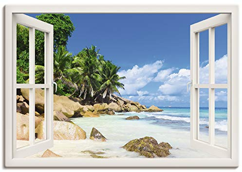 ARTLAND Wanddeko Leinwand Bilder Wandbild 130x90 cm Querformat Fensterblick Strand Karibik Meer Palmen Südsee Natur U1UC