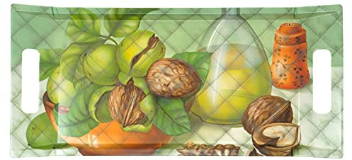 Lashuma Kaffeetablett grün, Eckiges Kunststofftablett Melamin 41x19 cm, Tablett Motiv: Walnüsse