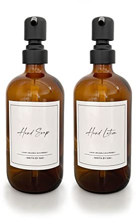 Amber Glass Soap Dispensers - Black Stainless Steel Pump - Hand Soap and Lotion Dispenser Set - Amber Kitchen Soap Dispenser Set - 500ml - Bathroom Soap Dispensers - Waterproof Labels