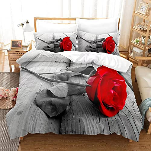 MIQEBX Rose Rouge Housse de Couette 220x240cm Parure de Lit 2 Personnes en Microfibre Motif Fleurs romantiques 3D Rouge Rose Housse de Couette avec Fermeture Éclair + 2 Taies d'oreiller 50x75 cm,Gris